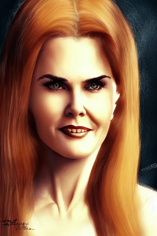 Image similar to mix of beautiful young maria shriver, mariel hemmingway, brooke shields, nicole kidman and elle macpherson as a snake girl with fangs, thin lips, hair tied up in a pony tail, dark blonde hair, colorful, artstation, cgsociety