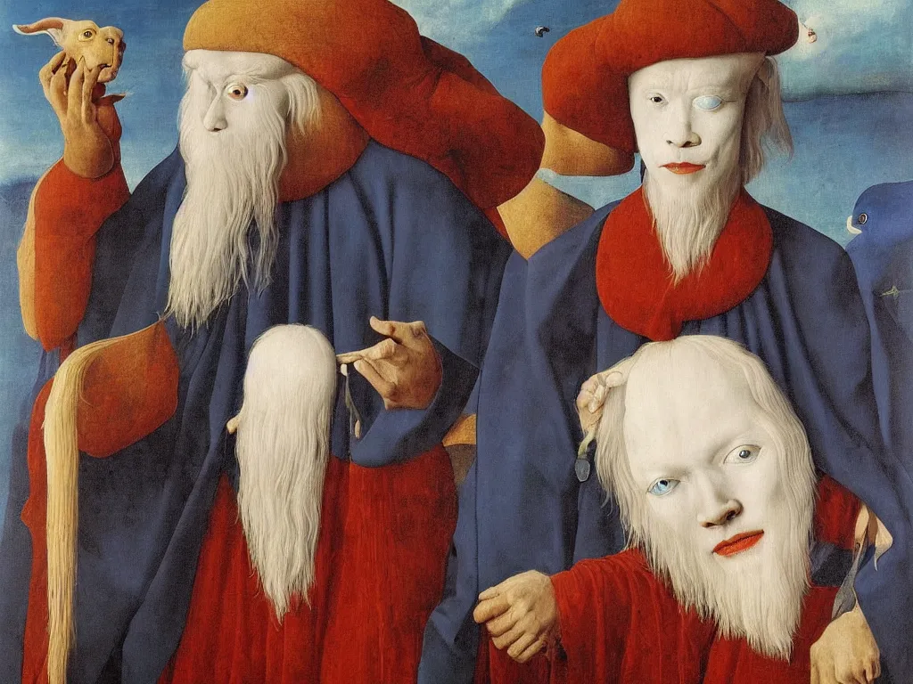 Prompt: Portrait of albino mystic with blue eyes, with Capricorn. Painting by Jan van Eyck, Audubon, Rene Magritte, Agnes Pelton, Max Ernst, Walton Ford