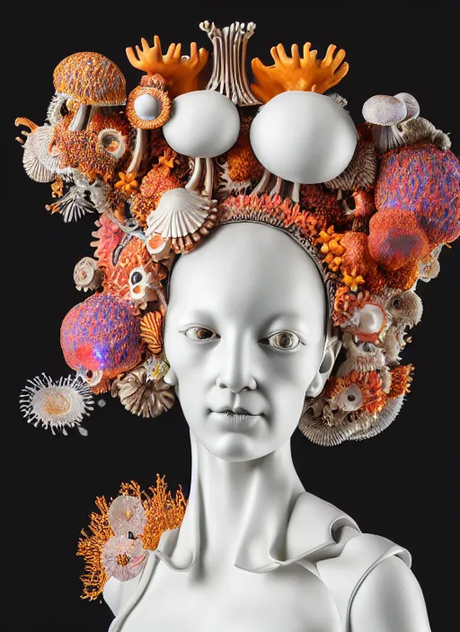 Prompt: intricate hyper detailed ultra sharp porcelain ivory woman biomechanical cyborg, headdress with daisies, colorful puffballs, mushrooms, rhizomorphs, brackets, sponge corals, iris van harpen haute couture, laser cut paper collar, intricate details, octane render, 8 k