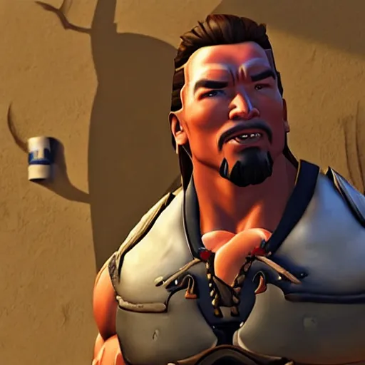 Image similar to a screenshot of arnold schwarzenegger as hanzo in overwatch