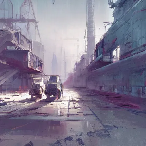 Prompt: abandoned factory landscape. Concept art by Craig Mullins, Ryan Church, Finnian Macmanus, Sung Choi, Sparth, Hugh Ferriss and John Harris. Epic cinematic environment keyframe splash concept art trending on ArtStation