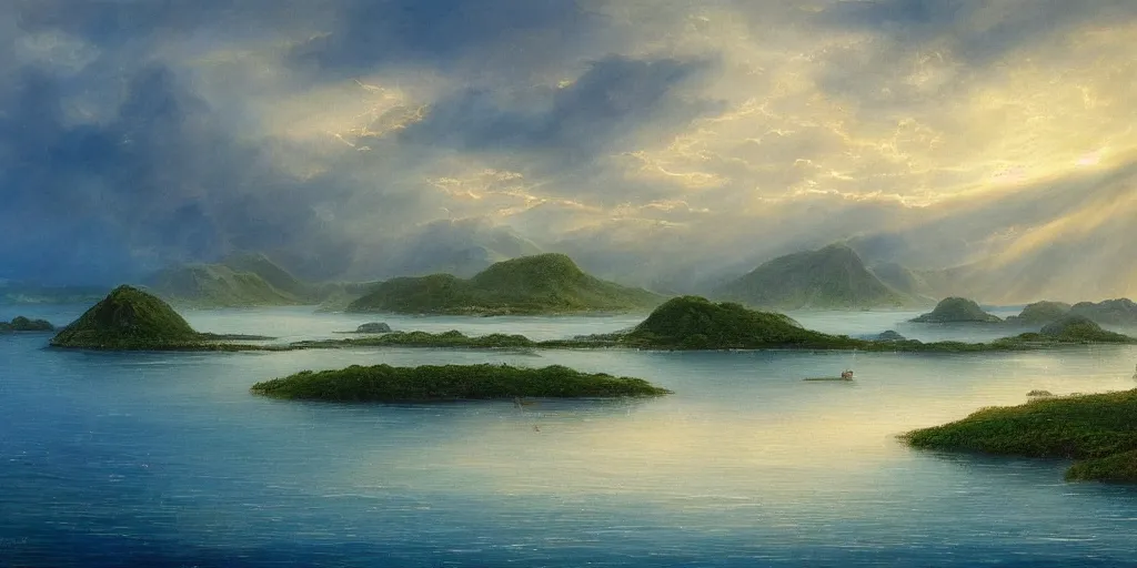 Prompt: a beautiful painting of a A paradisiacal landscape of a sea lagoon surrounded by islands, a fantastic city built on water, rays of light illuminating the water by John Howe, Trending on Artstation, Landscape vista photography,16K resolution, Landscape 35mm veduta photo,8k resolution, detailed landscape painting by , DeviantArt, Flickr, rendered in Enscape, Ultrafine Details, Reimagined By Industrial Light And Magic, highly detailed, octane render, epic and breathtaking composition, Marc Simonetti and Jim Burns landscape, #vfxfriday, 4k resolution post-processing, Global Illumination