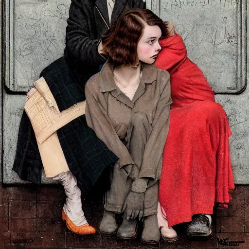 Prompt: elle fanning, ana de armas, anya taylor joy in prey picture by norman rockwell, asymmetrical, dark vibes, realistic painting, organic painting, matte painting, geometric shapes, hard edges, graffiti, street art : 2 by norman rockwell : 4