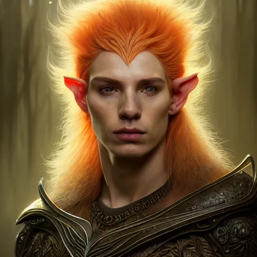 Prompt: portrait painting of a young elven man with a soft face and short light orange hair and tribal tattoos on his face wearing fur armor, ultra realistic, concept art, intricate details, eerie, highly detailed, photorealistic, octane render, 8 k, unreal engine. art by artgerm and greg rutkowski and charlie bowater and magali villeneuve and alphonse mucha