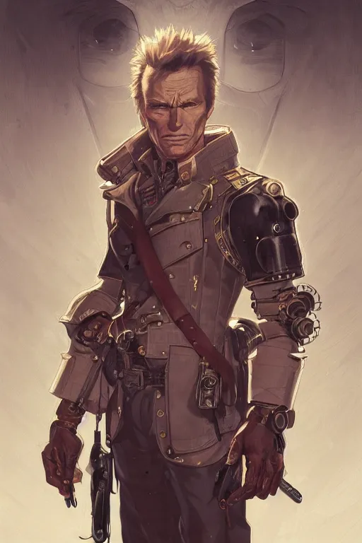 Image similar to young clint eastwood as full metal alchemist, steampunk cyborg, portrait, western, duster, fantasy, intricate, elegant, highly detailed, digital painting, artstation, concept art, sharp focus, illustration, art by artgerm and greg rutkowski and alphonse mucha