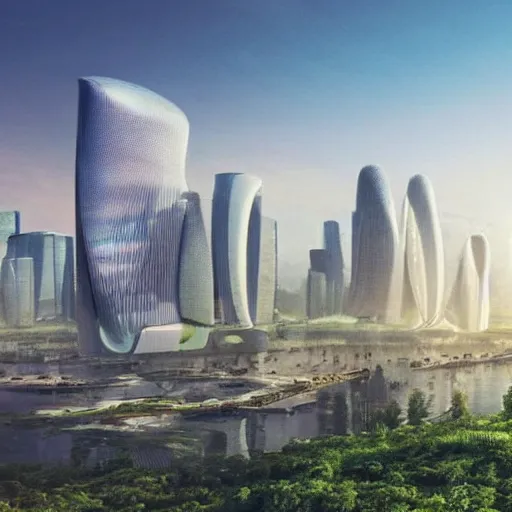 Image similar to scenic view of a futuristic modern utopian eco friendly city