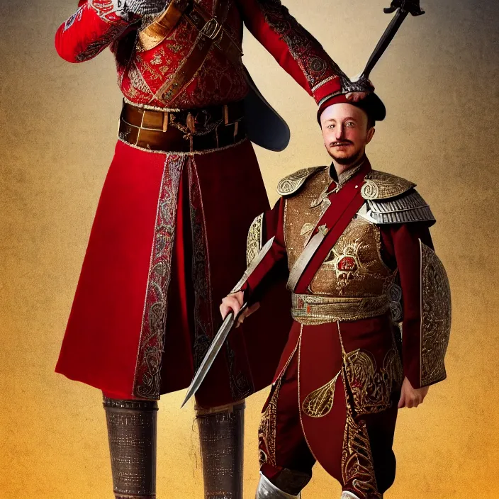 Image similar to full length photo of elon muskas an ottoman warrior, highly detailed, 4 k, hdr, smooth, sharp focus, high resolution, award - winning photo