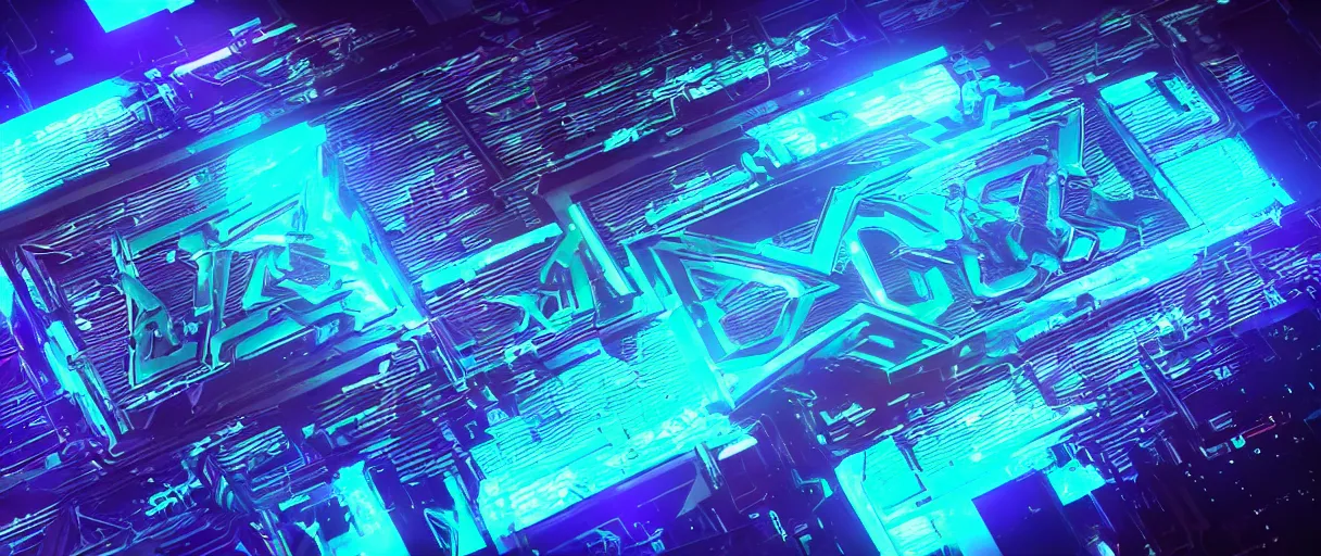 Image similar to cyberpunk holographic logo, futuristic, in the style of Pixar animation, low angle view, 16mm lens, award winning, hyper detailed, dramatic lighting, artstation, octane renderer, unreal engine