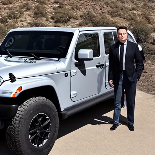 Prompt: elon musk driving a jeep wrangler with legs instead of wheels