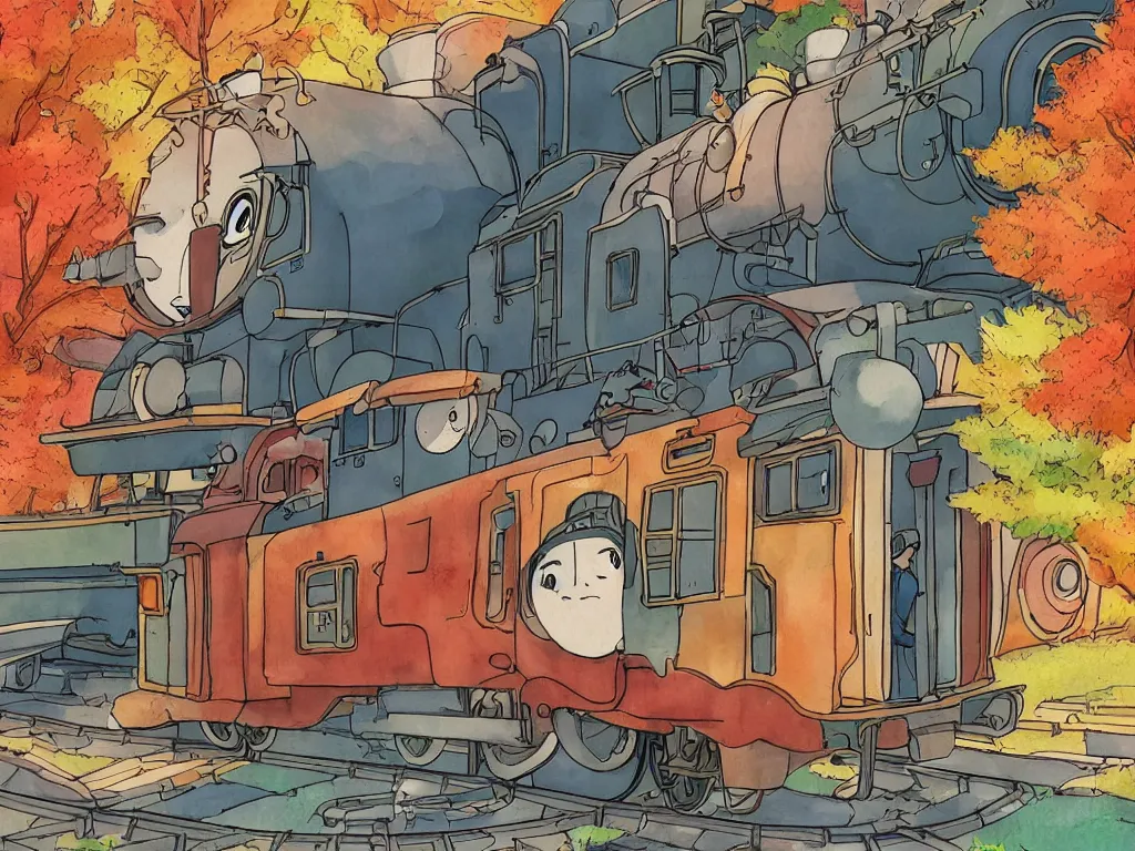 Image similar to longitudinal cut sideview of a anime train, digital art, autumn light, colorful, beautiful, inspired by studio ghibli, inspired by hayao miyazaki, concept art, manga, cute and adorable, illustration