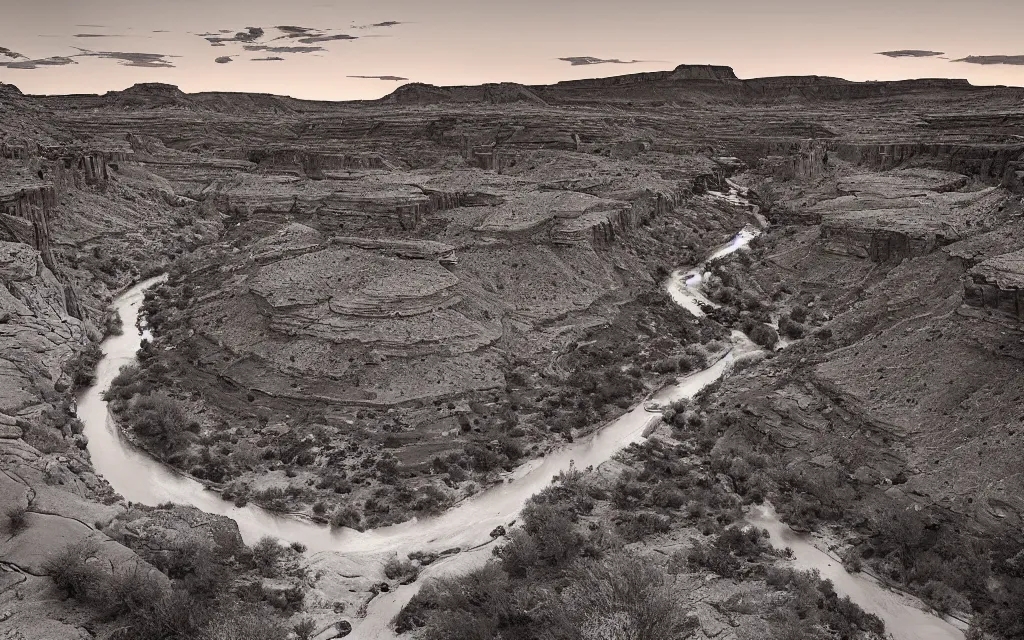 Image similar to “a dried up river bend running through a canyon surrounded by desert mountains at sunset, moab, utah, a tilt shift photo by Frederic Church, ansel adams, trending on unsplash, hudson river school, national geographic photo”