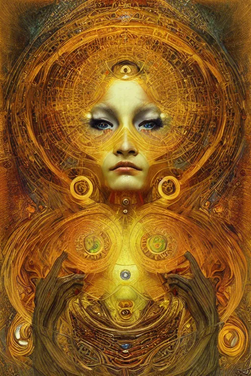 Image similar to Divine Chaos Engine by Karol Bak, Jean Deville, Gustav Klimt, and Vincent Van Gogh, sacred geometry, visionary, mystic, spiritual, fractal structures, ornate gilded medieval icon, third eye, spirals