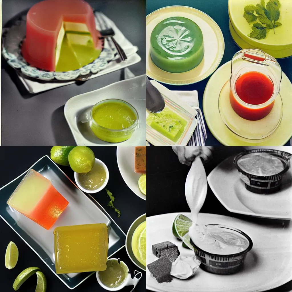 Prompt: upsetting amounts of room-temperature mayonnaise and lime Jell-O in the same dish, 1940s food photography