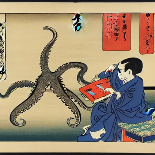 Image similar to an octopus teaching a man to use a computer, ukiyo-e by Utagawa Kuniyoshi