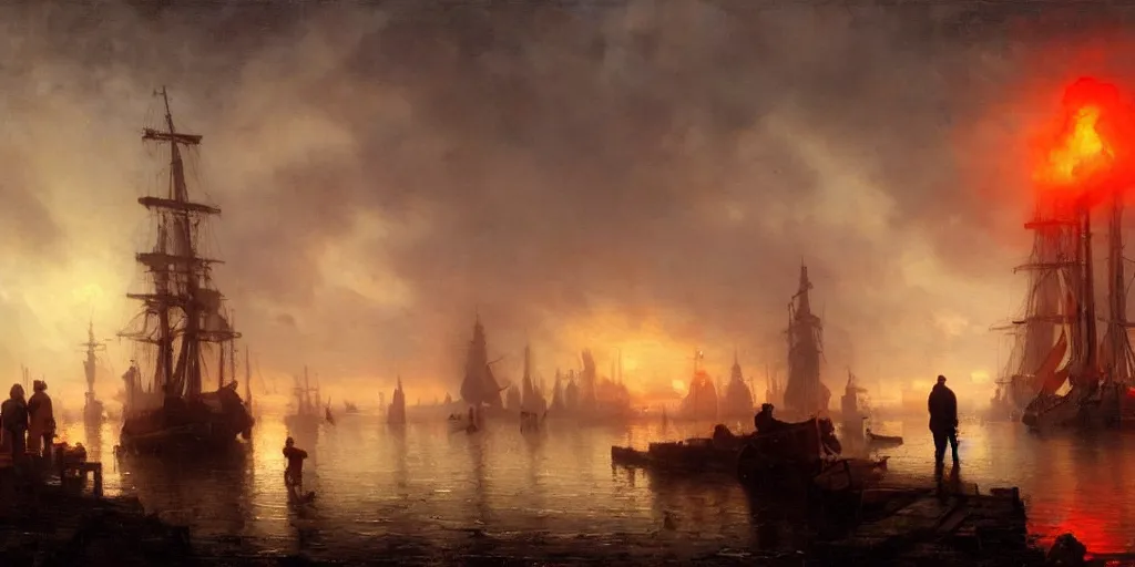 Image similar to a seaport in 1 9 4 0 with red light on, sunny day, a men stand up next to the edge, mystical orange fog, oil on canvas, art by andreas achenbach, clemens ascher, tom bagshaw and sabbas apterus,