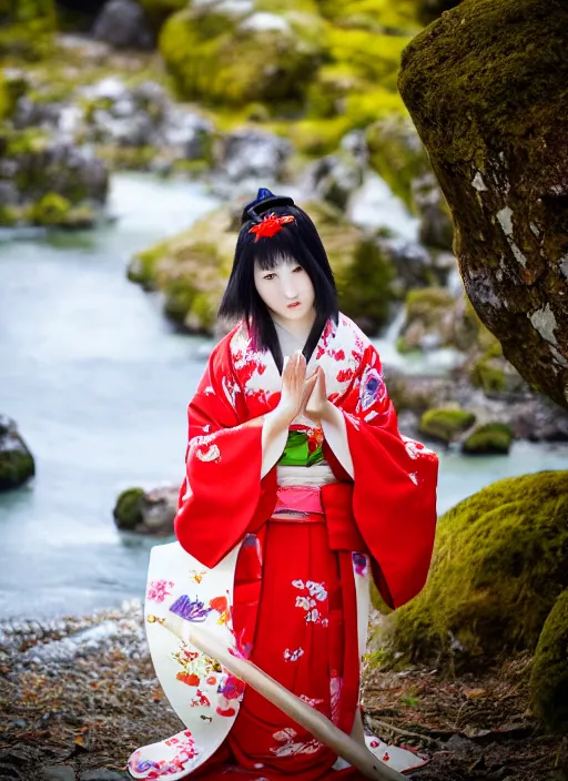 Prompt: photo of a japanese shrine maiden, young beautiful woman, award winning photo, stunning scenery, high definition, 8 k, dynamic lighting