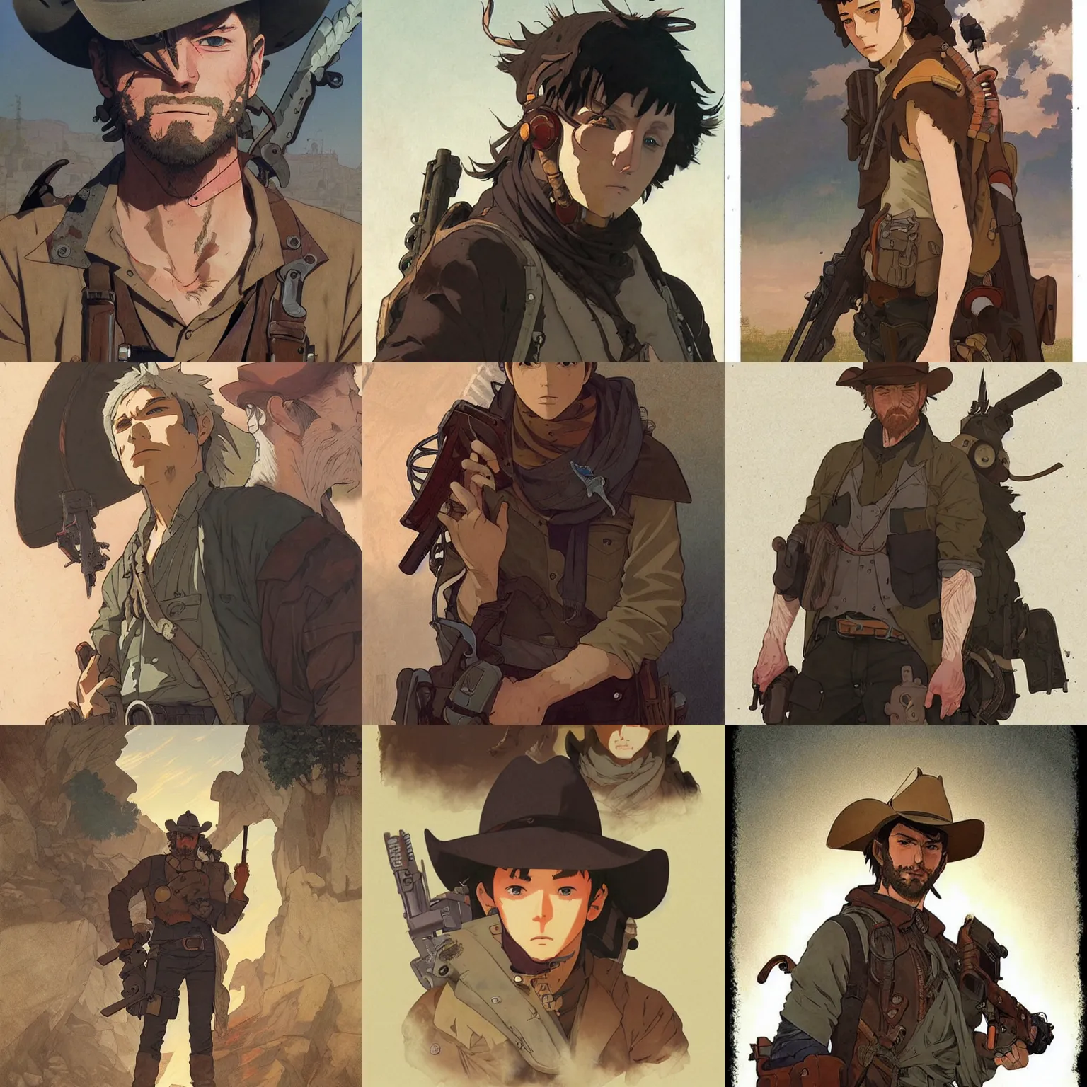 Prompt: post - apocalyptic cowboy, finely illustrated face, highly detailed, colored pencil, studio ghibli, tankobon, in the style of ilya kuvshinov and krenz cushart and william - adolphe bouguereau and alphonse mucha