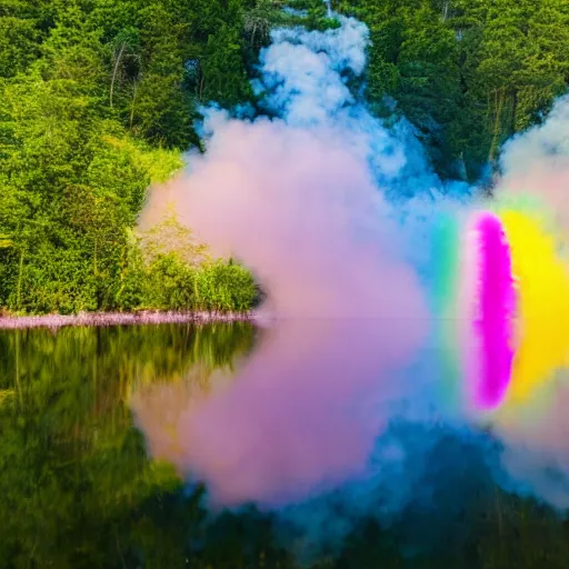 Prompt: rainbow neon sign half circle in water reflected on misty mountain lake at midday, surrounded by beautiful forest, sunny summertime sunlit daylight, twisting smoke bomb, hdr, smoke on water, 4 k, award winning photography, volumetric lighting, artstation