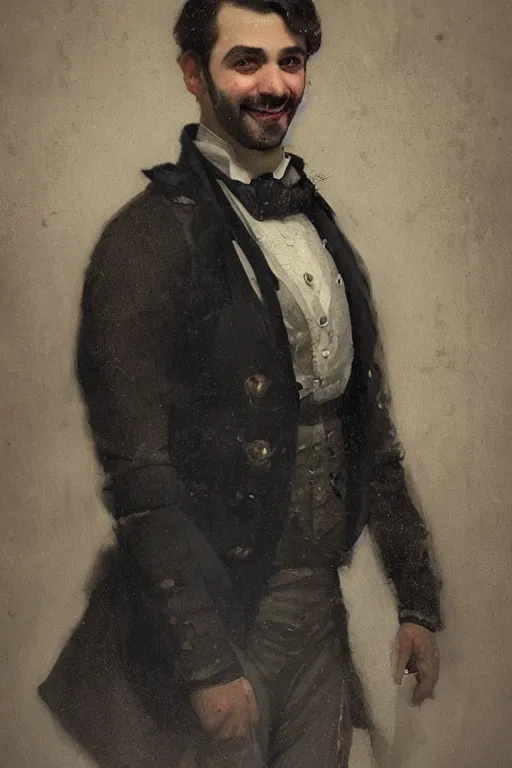 Prompt: official Portrait of a smiling georgian aristocrat, male, cheerful, happy, detailed face, 19th century, highly detailed, cinematic lighting, digital art painting by greg rutkowski