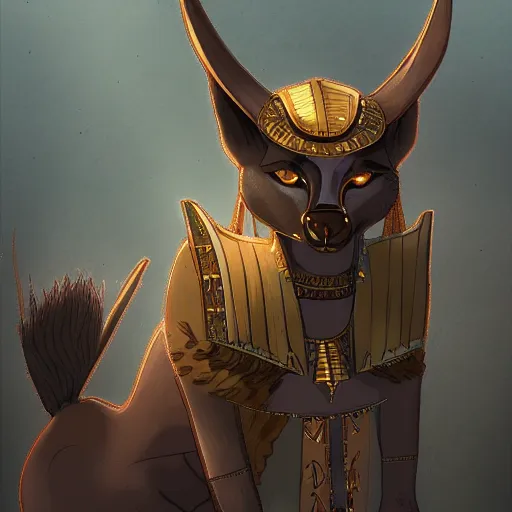 Image similar to Anubis, Egyptian background, very detailed, artstation, illustration, masterpiece, digital art, Furry Art