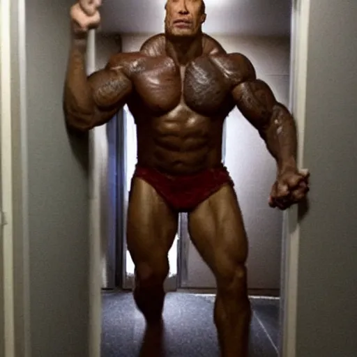 Prompt: grainy photo of dwayne johnson a creepy monster in a closet, harsh flash