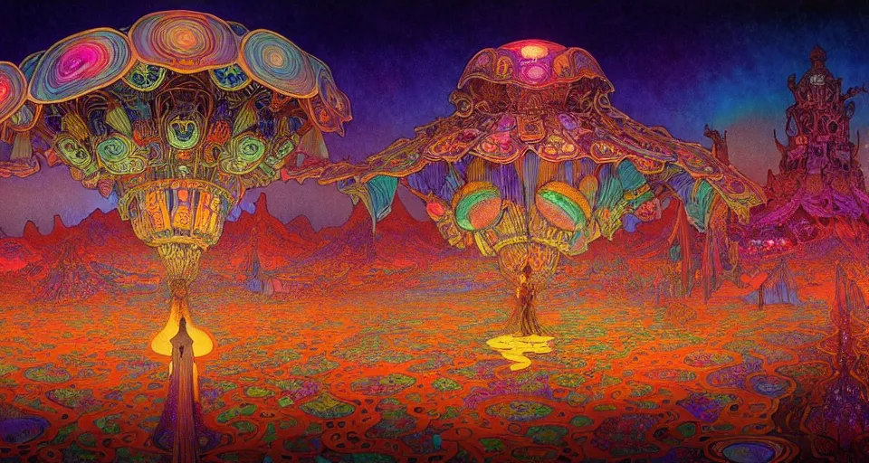 Image similar to An extremely psychedelic map illustration of the black rock city at night, colorful, surreal, dramatic lighting, magic mushrooms, psilocybin, LSD, map, detailed, intricate, elegant, highly detailed, digital painting, artstation, smooth, sharp focus, illustration, art by Krenz Cushart and Artem Demura and alphonse mucha