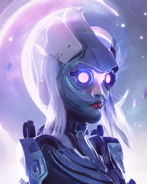 Image similar to perfect android girl on a mothership, warframe armor, beautiful face, scifi, futuristic, galaxy, nebula, bae suzy, dreamy, long white hair!!!, blue cyborg eyes, sharp focus, cinematic lighting, highly detailed, artstation, divine, by gauthier leblanc, kazuya takahashi, huifeng huang