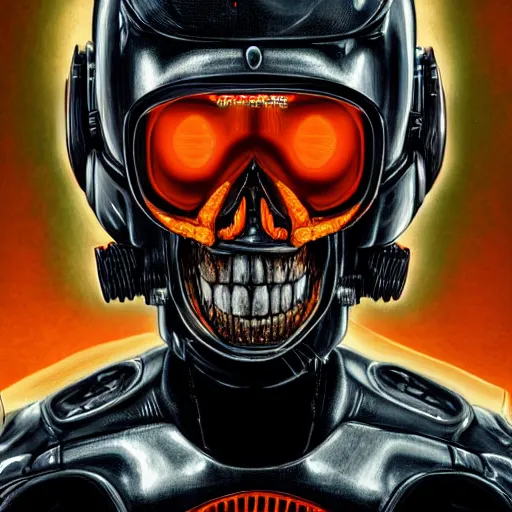 Image similar to a portrait of an cyborg vintage skull, vampire teeth, in an orange racing helmet by sandra chevrier, detailed render, epic composition, cybernetics, 4 k realistic, cryengine, realistic shaded lighting, sharp focus, masterpiece, by matteo scalera, gary montalbano, peter elson in the style of the tokyo ghost comic