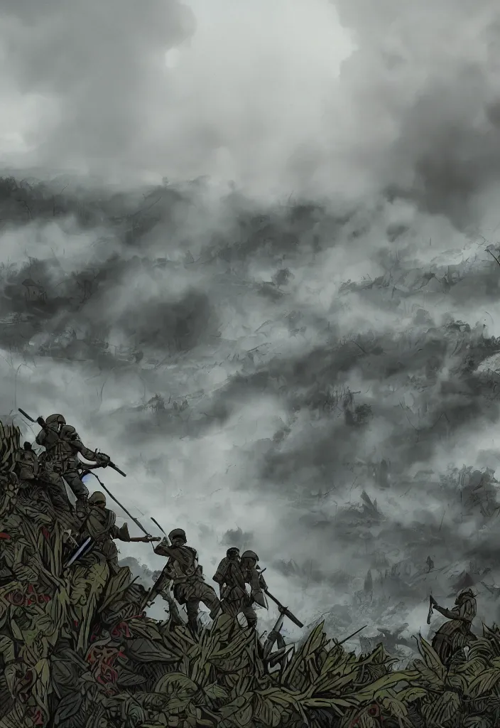 Image similar to handmade illustration of an epic and dramatic World War II war scene with only a few soldiers, the jungle at the background, some mist grey smoke and fire, blue sky with dramatic clouds, line art, ink, ol on canvas by Kilian Eng and by Jake Parker, heavy brushstrokes, winning-award masterpiece, fantastic, octane render, 8K HD Resolution, High quality image