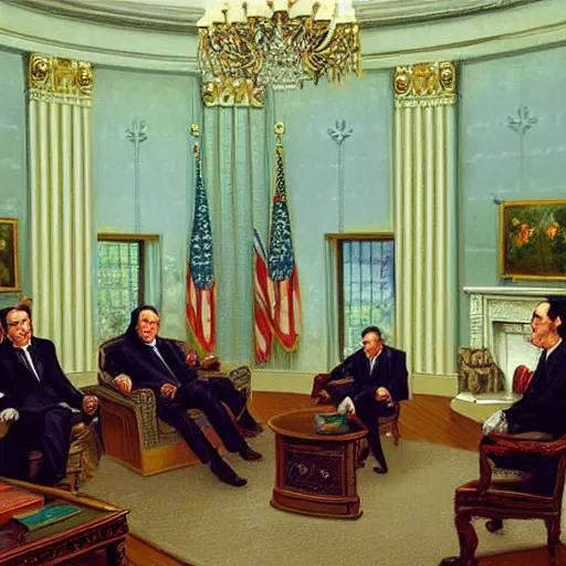 Image similar to walter kronkite slapping president richard nixon in the oval office, highly detailed, elegant, an oil painting by ross tran and thomas kincade, realistic lighting,