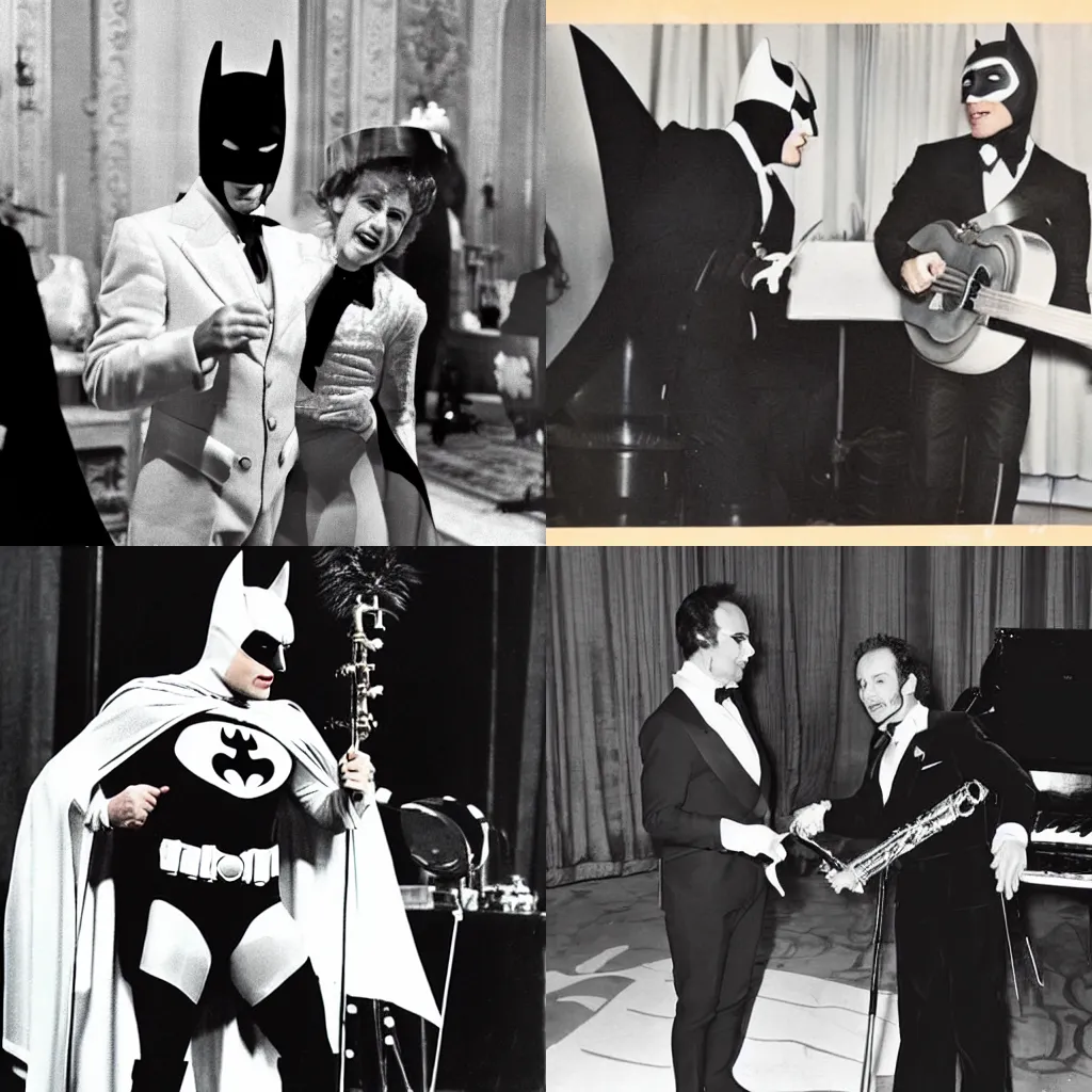 Prompt: herb alpert dressed as batman performing for the queen of england, vintage photo