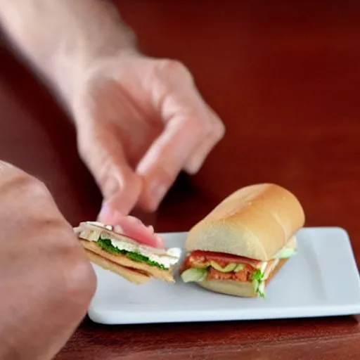 Image similar to hands presenting the tiniest sandwich ever made