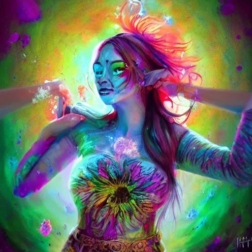 Prompt: An epic fantasy comic book style full body portrait painting of a very beautiful floral vibrant holi nebulapunk girl, awesome pose, character design by Mark Ryden and Pixar and Hayao Miyazaki, unreal 5, DAZ, hyperrealistic, octane render, cosplay, RPG portrait, dynamic lighting, intricate detail, summer vibrancy, cinematic, glitched, distorted, digitally corrupted image