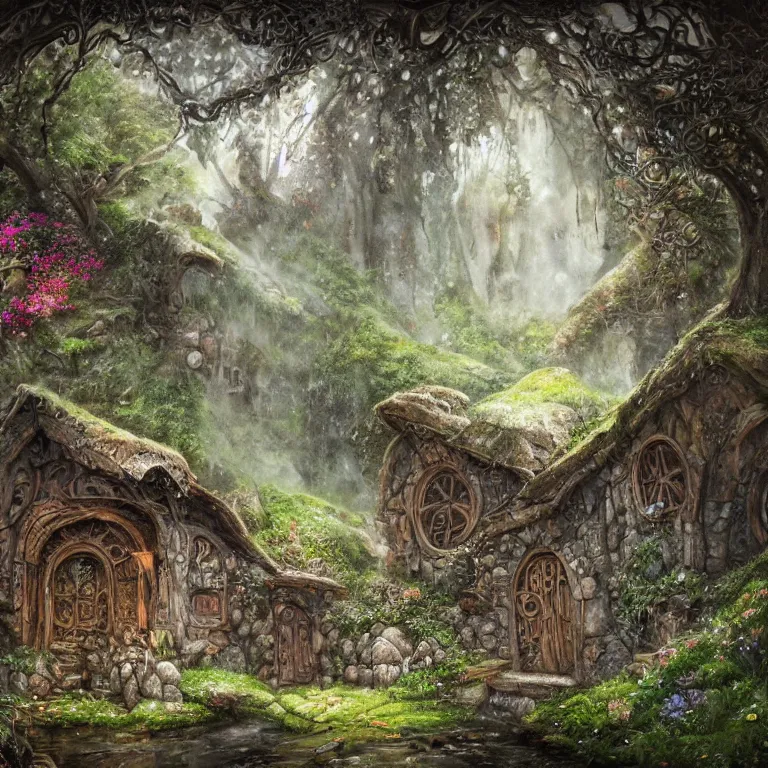 Prompt: inside a medieval hobbit home, ornate, beautiful, mist, smoke, chimney, rain, waterfall, melting, snow, creek, lush, ice, bridge, forest, flowers, concept art illustration, color page, 4 k, tone mapping, magic realism, josephine wall, huang guangjian, viktoria gavrilenko, amanda sage, trending on artstation