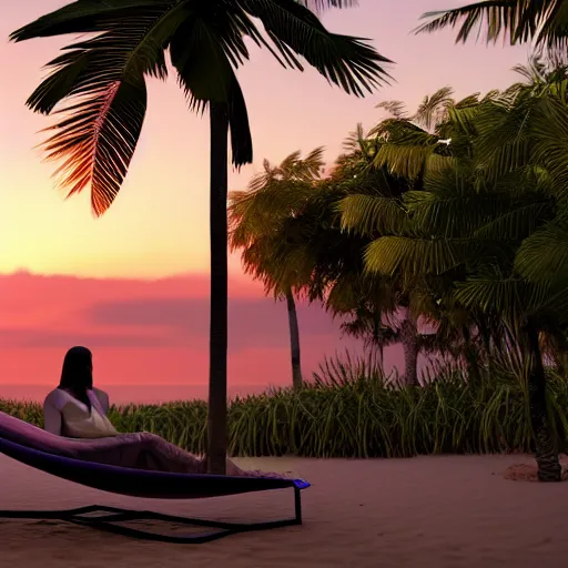 Prompt: Stable diffusion robot relaxing in a hammock between two palm trees, beautiful beach and sunset, while inpatient users try to contact it on a laptop that's standing to the side. Digital art, octane render, 4k, 8k, 56k dialup