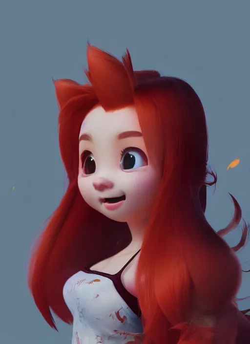 Image similar to a cute asian girl fox singing, flowing red hair in the style of pixar animation, mid-shot, award winning, hyper detailed, studio lighting, artstation, octane renderer, unreal engine