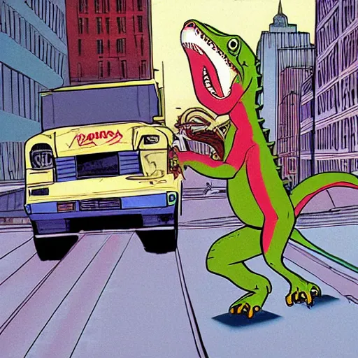 Prompt: animated tyrannosaurus skateboarding on a truck through new York City, cartoon, 1993, by amblimation, by universal pictures