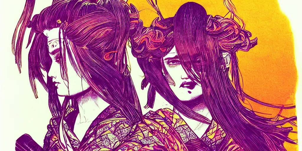 Image similar to a close - up grainy, risograph drawing, hyper light drigter, neon colors, a big porcelain glossy geisha head, with long hair, floating above the sharp peaks weapons, style by moebius and kim jung gi