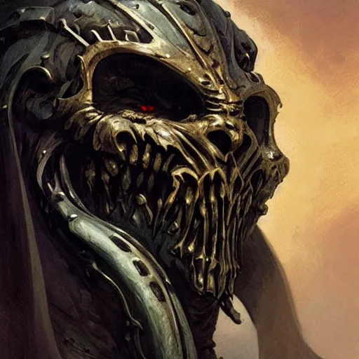 Image similar to head and shoulders portrait of a wraith king, d & d, fantasy, greg rutkowski, frank frazetta, alexandre chaudret, boris vallejo, michael whelan, miro petrov, hr giger, magali villeneuve, donato giancola