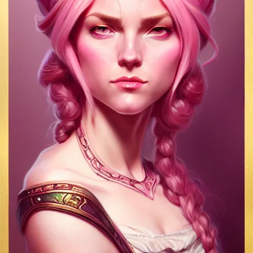 Image similar to aristocrat scowling, female, d & d, fantasy, intricate, elegant, highly detailed, pink hair, digital painting, artstation, octane render, concept art, matte, sharp focus, illustration, hearthstone, art by artgerm, alphonse mucha johannes voss