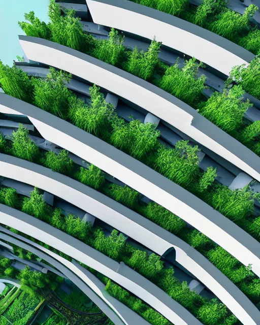 Image similar to 3 d illustration cycles render of futuristic environmental city architecture with building terraces covered in vegetation and high rise structures connected by bridges on multiple different levels by beeple and annibale siconolfi