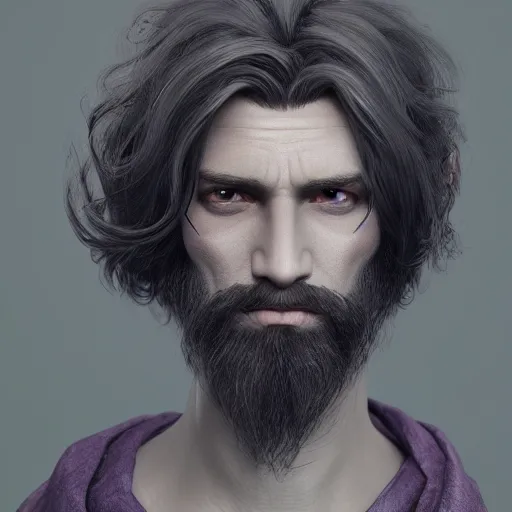 Image similar to a highly detailed portrait of a man without a beard, purple eyes, light gray long hair, wearing a black cloak, artstation, DeviantArt, professional, octane render