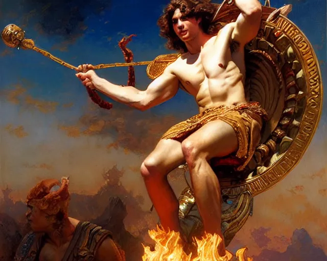 Image similar to attractive apollo greek god, riding his fire chariot. highly detailed painting by gaston bussiere, craig mullins, j. c. leyendecker 8 k