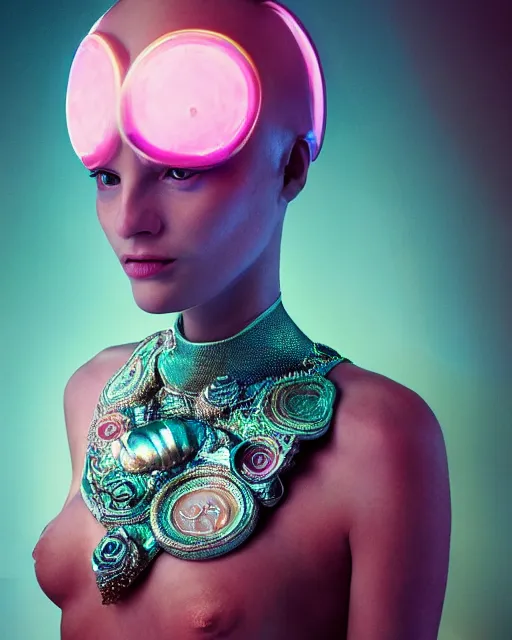 Prompt: natural light, soft focus portrait of a cyberpunk anthropomorphic snail with soft synthetic pink skin, blue bioluminescent plastics, smooth shiny metal, elaborate ornate head piece, piercings, skin textures, by annie leibovitz, paul lehr