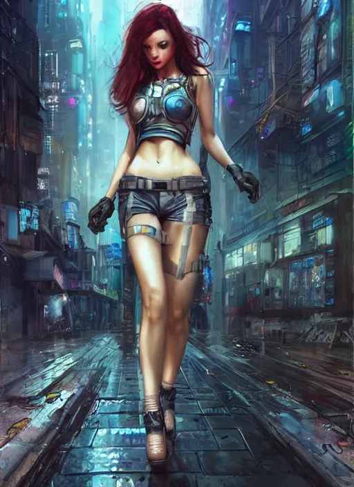 Image similar to a beautiful woman walking through a cyberpunk city, full body, realistic, highly detailed, science fiction portrait by laura sava