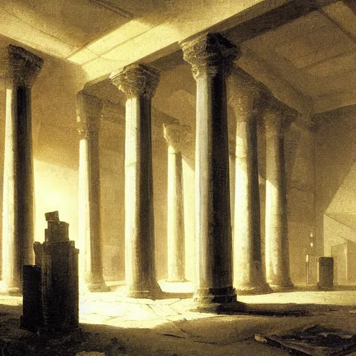 Image similar to painting of a scifi ancient civilzation alien empty room with pillars, andreas achenbach