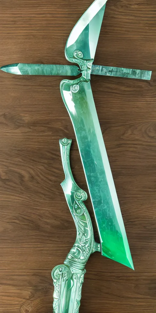 Image similar to photograph of a wide green and teal crystal sword blade attached to a big gold sword hilt