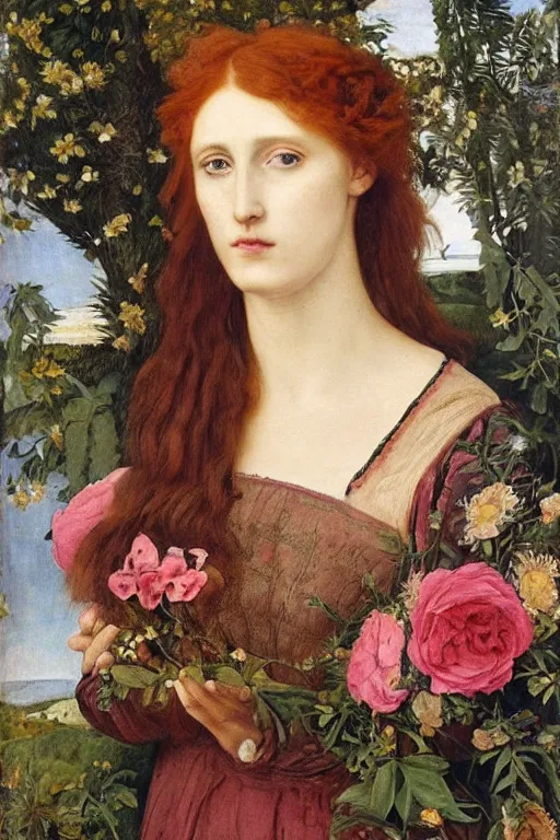 Image similar to a pre-raphaelite portrait of a woman in a mythical dress with floral decoration