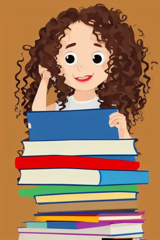 Image similar to a little girl with wavy curly light brown hair sits on a tall pile of books. she is reading. clean pretty cartoon painting, beautiful detailed face.