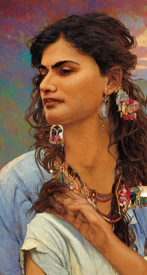 Image similar to close up a beautiful Indian doctor wearing jeans and a shirt in Texas in 2022, sun shining, photo realistic illustration by greg rutkowski, thomas kindkade, alphonse mucha, loish, norman rockwell.